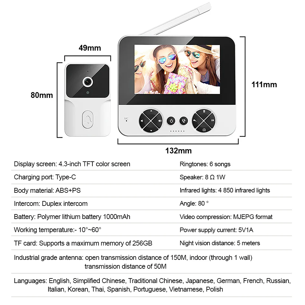 Wireless Video Intercom 4.3" Screen Visual Doorbell IR Night Vision Visual Surveillance Camera Smart Home Security Cam Doorbell
