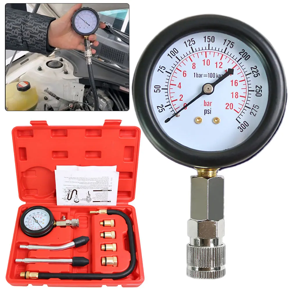 

8 шт., комплект для тестера автомобильного цилиндра, 0-300 фунтов на квадратный дюйм, манометр, тестер сжатия цилиндра двигателя, инструмент