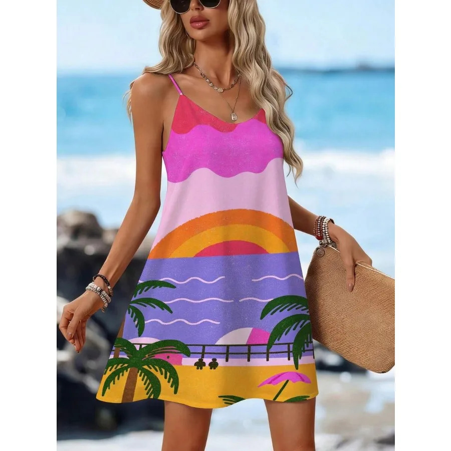 

【New style】Women's Adjustable Thin Strap Mini Dress V Neck Backless Loose Flowy Beach Dress Summer Casual Sleeveless A Line Sho