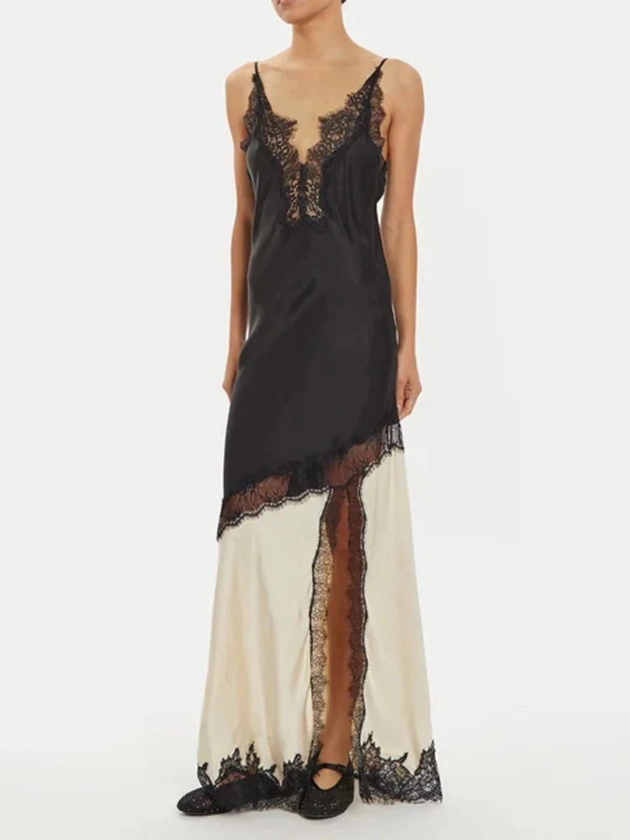 TWOTWINSTYLE Colorblock Sheer Spliced Lace Sexy Long Dresses for Women V Neck Sleeveless Split Elegant Dress Female Clothing New