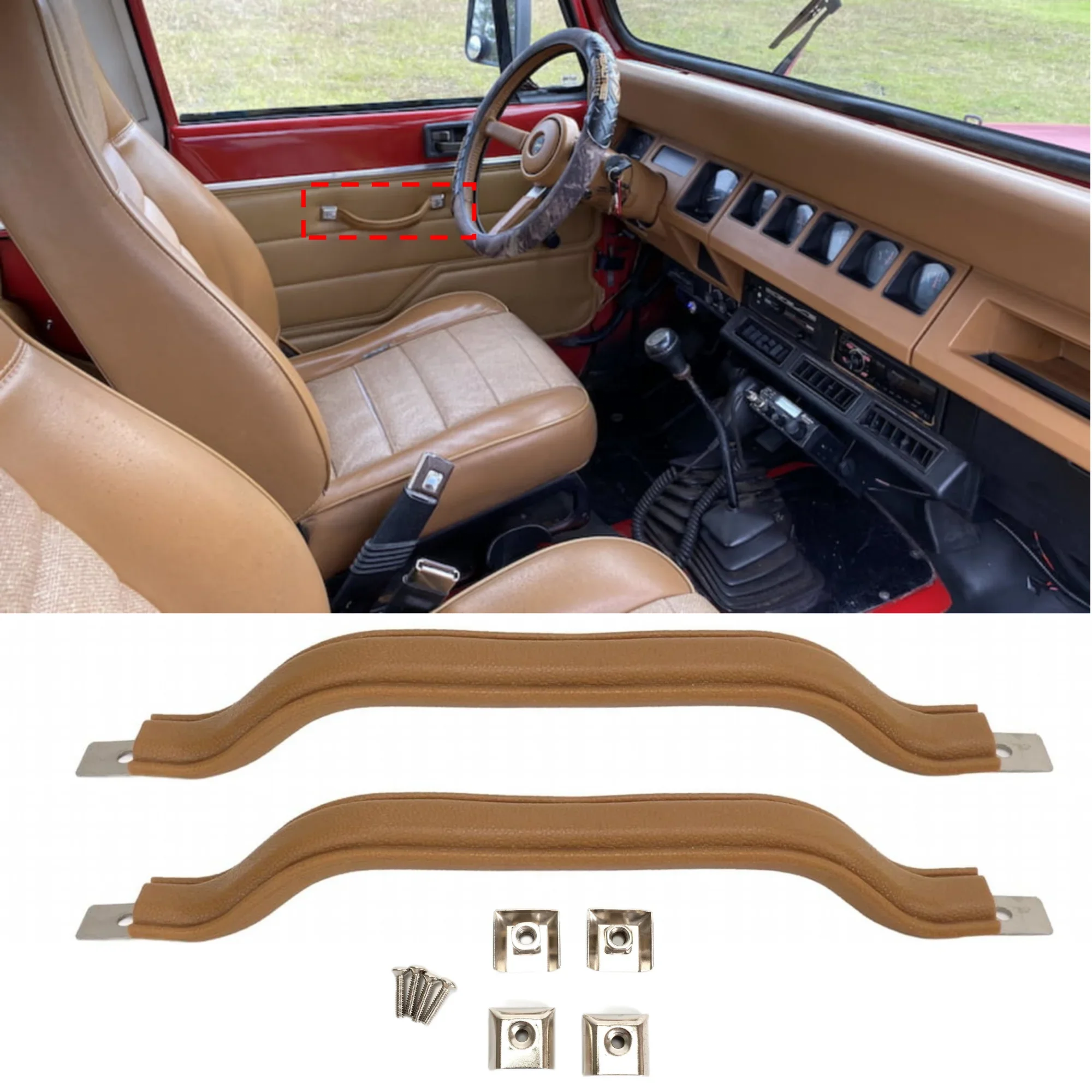 Dla Jeep YJ Wrangler 1987-1995, 2 sztuki, uchwyt klamki drzwi przednich, brązowy, wewnętrzna listwa wykończeniowa, strona kierowcy i pasażera, zamiennik 55009801K