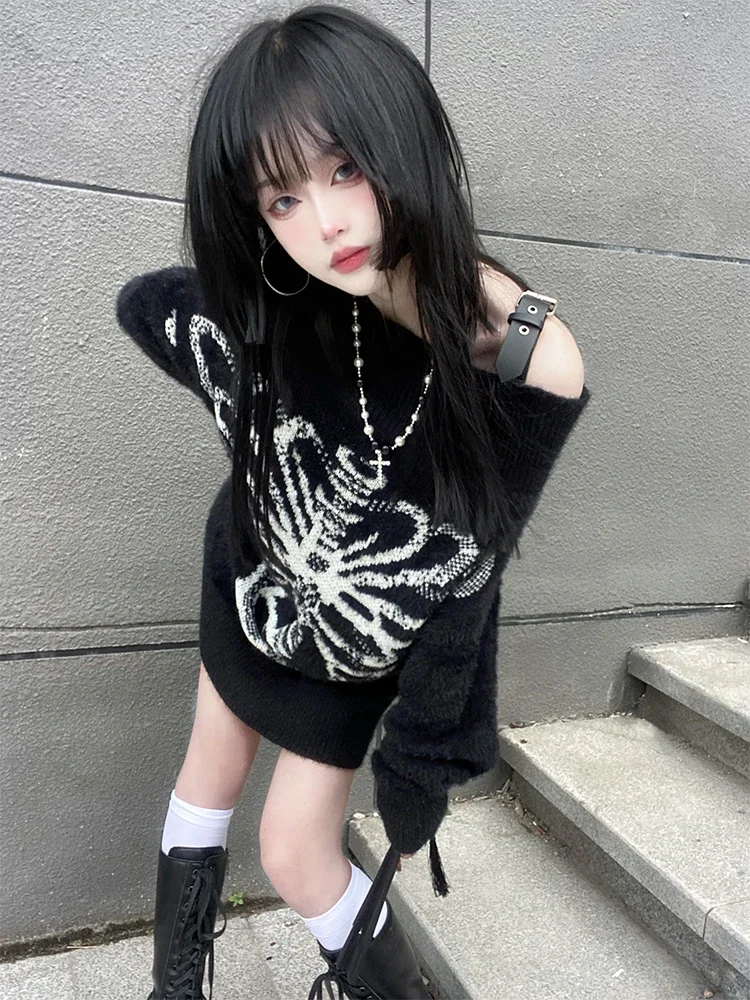 New Autumn Harajuku Gothic Hot Girls Black Bone Print Hip Hop Knitting Long Sleeve Top Fashion Punk Pullover Cool Girl