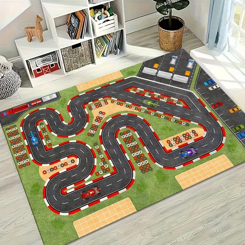 Cool Racing Circuit Decor Rug Cartoon Car Roadway Educational Floor Mat Soft Non-Slip Game Carpet for Bedroom Playroom