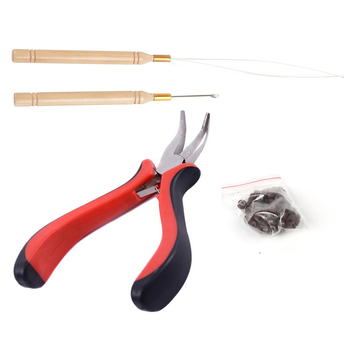 

1Kit Hair Extensions Beads Tools Hair Pliers Micro Pulling Needle, Loop Threader and 100 Pieces Silicone Lined Micro Rings