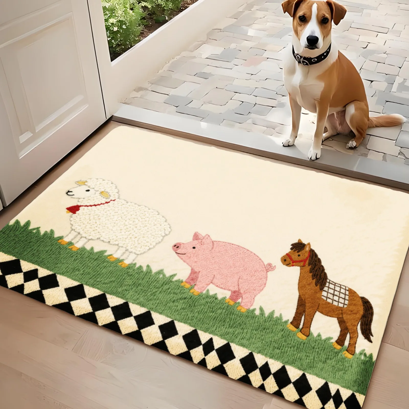 3PCS Kitchen Rugs,Home Decoration for Front Door, Kitchen, Bathroom, Pig Bear Tree Grass Checkered Border Dining Mat