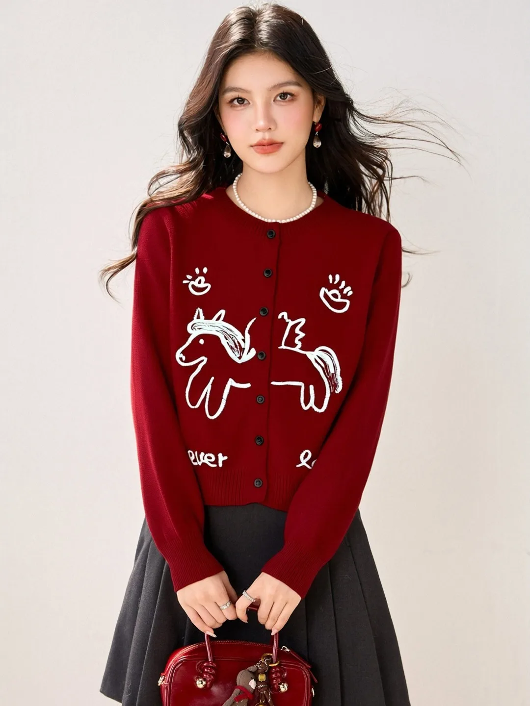 

Korean Sle Knitted Cardigan Women's Loose Warmth Age-Defng Top Small Embroidery Long Sve Autumn Winter New Red