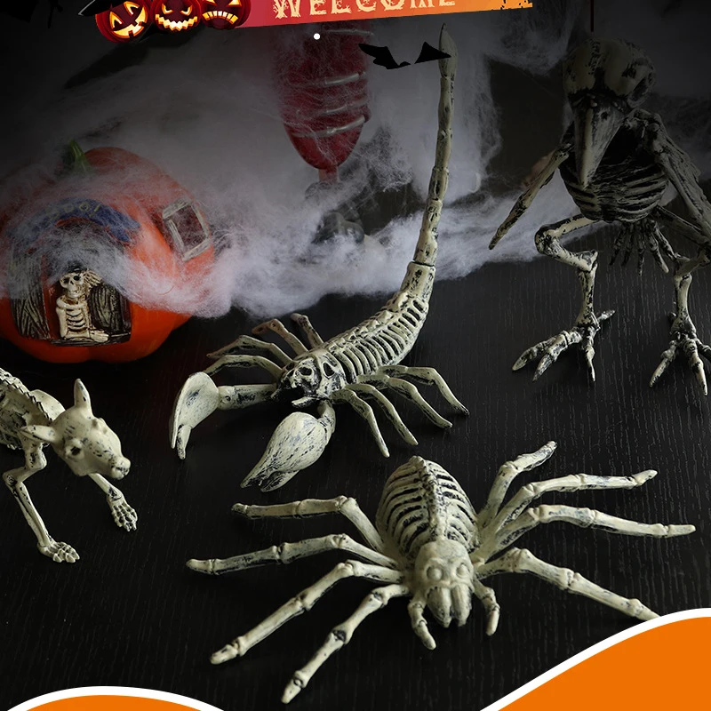 4pc Halloween Animal Skeleton Ornaments Secret Room Simulation Plastic Spider Crow Rat Skeleton Home Garden Festival Decorations
