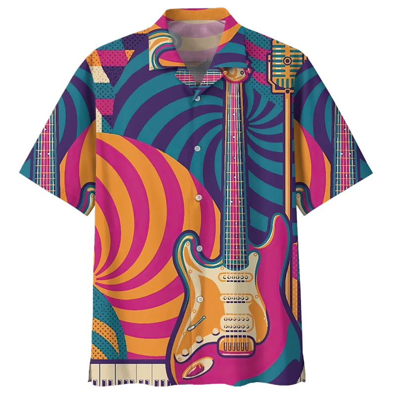 Fashion Colorful Guitar 3d Printed Hawaiian Shirt Men Musical Instrument Pattern Short Sleeves Shirt Oversized Lapel Blouse