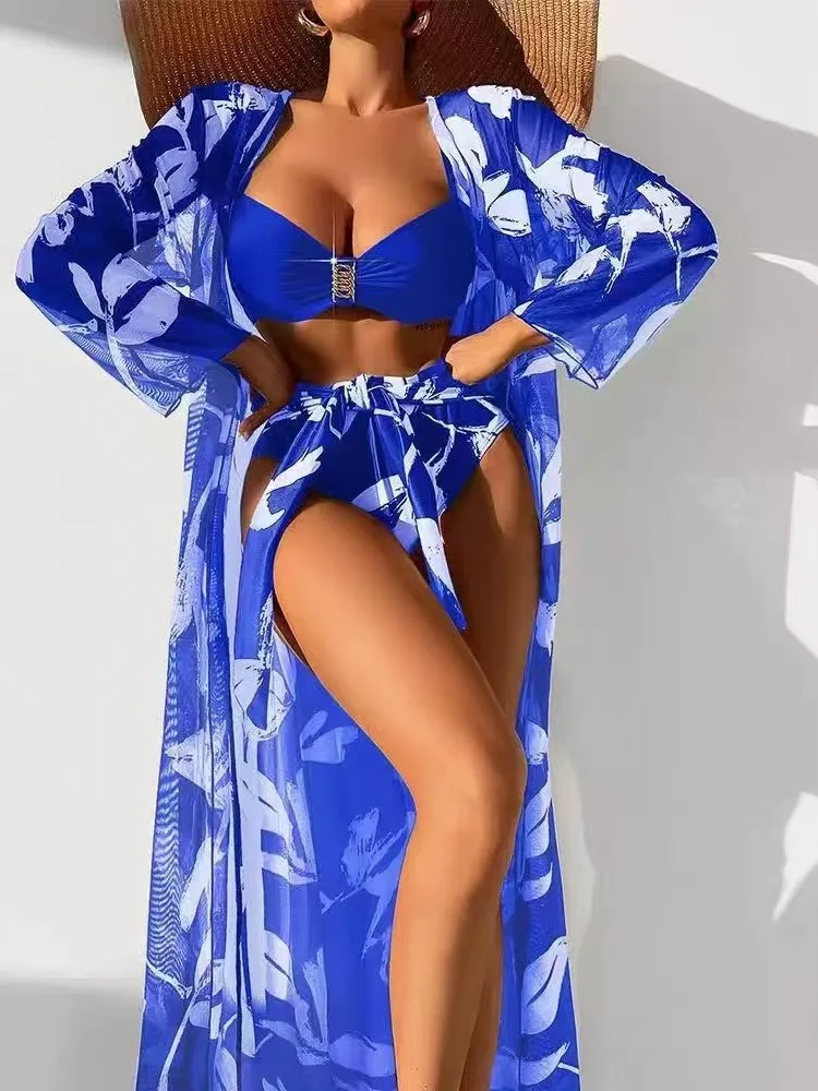 Retro Bikini Printed Fashion Bikini Set Swimsuit And Cover Up With Coat Tight Women's Bandage Summer Beach Luxury Elegant