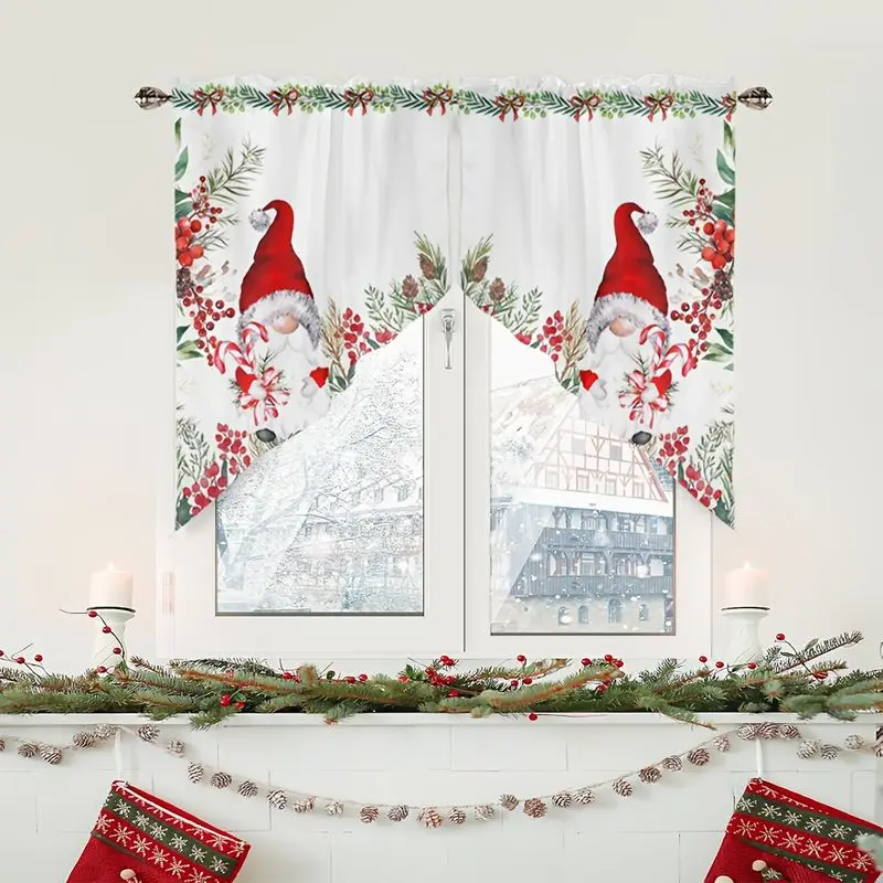VIKAMA Christmas Swag Curtain Gnome Candy Cane Pine Berry Print Triangle Valance For Kitchen Window Living Room Bedroom Decor