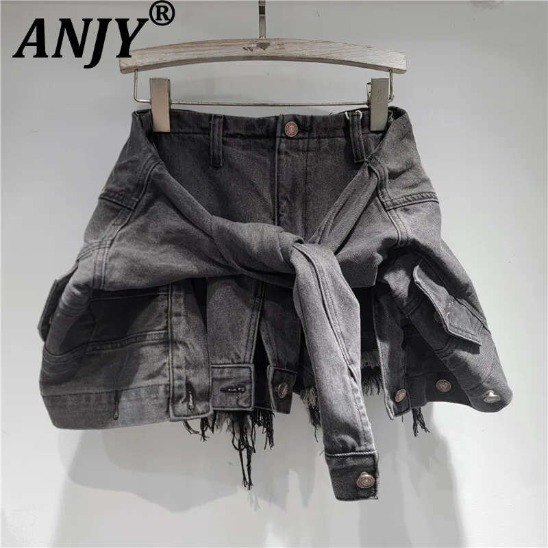 

ANJY Summer New Women Tide Trendy Streetwear Y2K Chic Casual Stylish Fake Two-Piece Denim Shorts A-Line Slimming Hot Pants A8408