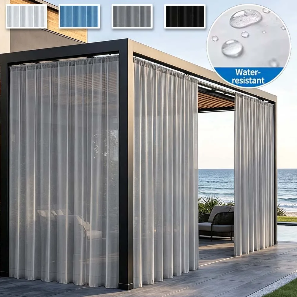 2 Panels Waterproof Outdoor Patio Curtain Garden Sheer Curtain White Tulle Screening Voile Window Privacy Shading Drapes Decor
