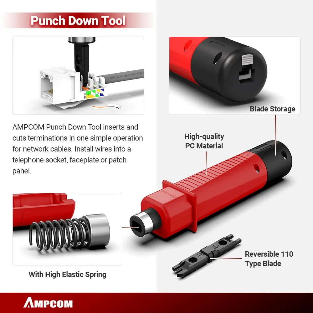 AMPCOM RJ45 Crimper Lan Tester Tool Set Ethernet Cable Stripper Punch Down Tool RJ 45 RJ11 Connector Network Cabling Repair Set