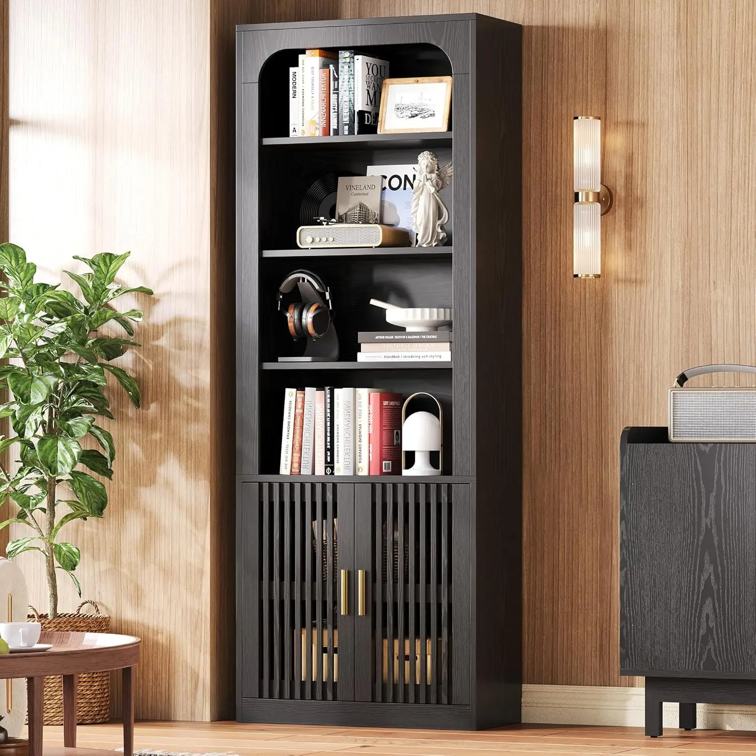 

Mid-Century Book Shelf, 6-Tier Floor Standing Bookcase with Grille Doors, Tall Storage Shelves for Display, Customized