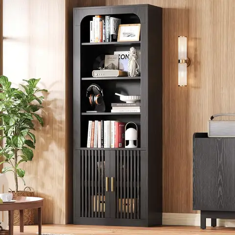 Mid-Century Book Shelf, 6-Tier Floor Standing Bookcase with Grille Doors, Tall Storage Shelves for Display, Customized