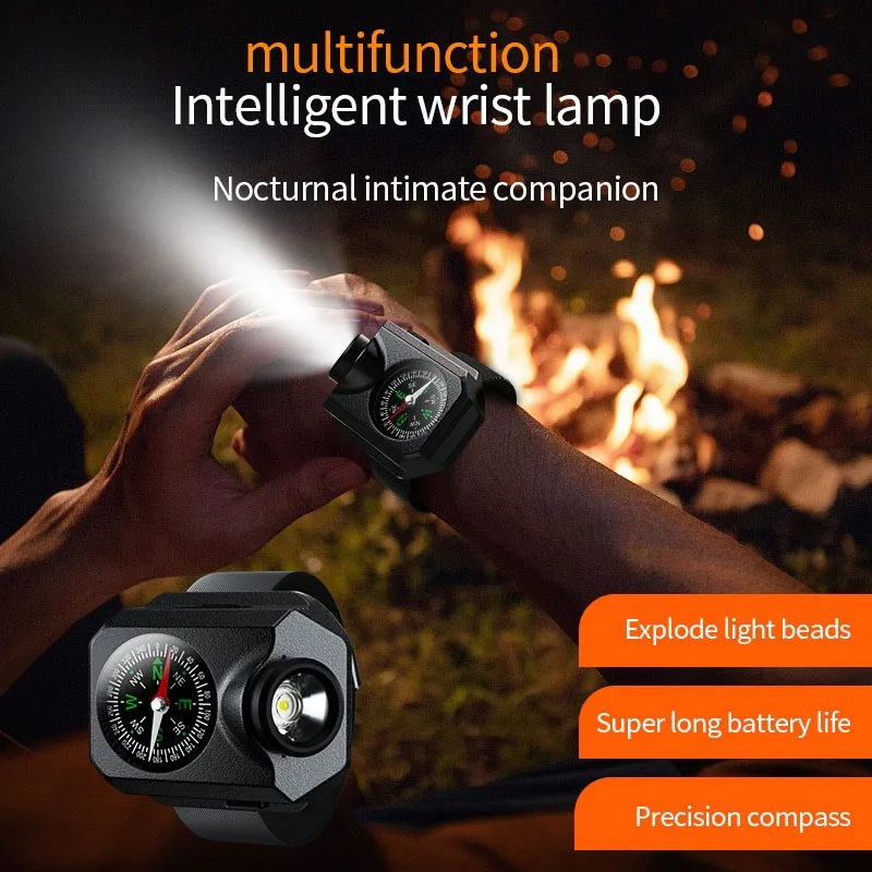 LED Tactical Rechargeable Wrist Watch Flashlight Outdoor Camping Light with Compass Portable for Night Running Camping Hunting