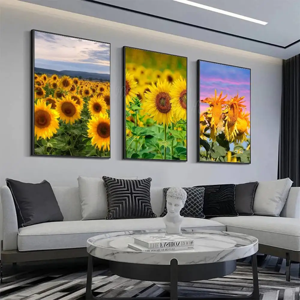 Retro Sunflower Field Posters Living Room Bar Cafe Quality Canvas Vintage Style Comics Painting Art Home Wall Decor Picture