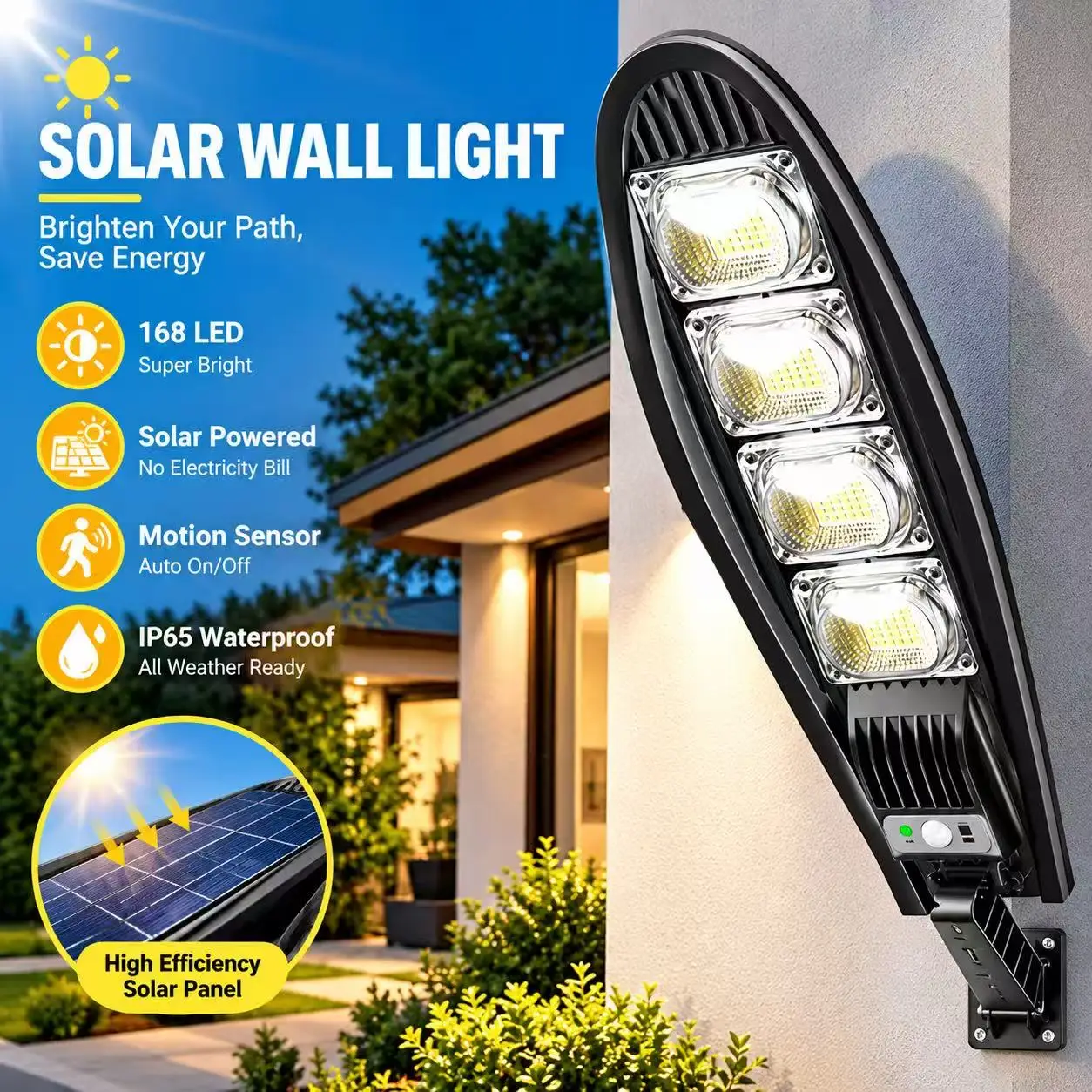 1 lampada da parete solare per esterni, faretto di sicurezza solare, lampada da giardino solare per uso commerciale, ideale per patio, cortile, garage e vialetti.