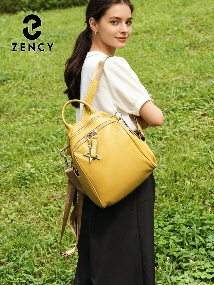 Zency Women's Genuine Leather Backpack Beige Large Capacity Shoulder Bag Wide Straps Cowhide Multi-pocket Small Girls Knapsack