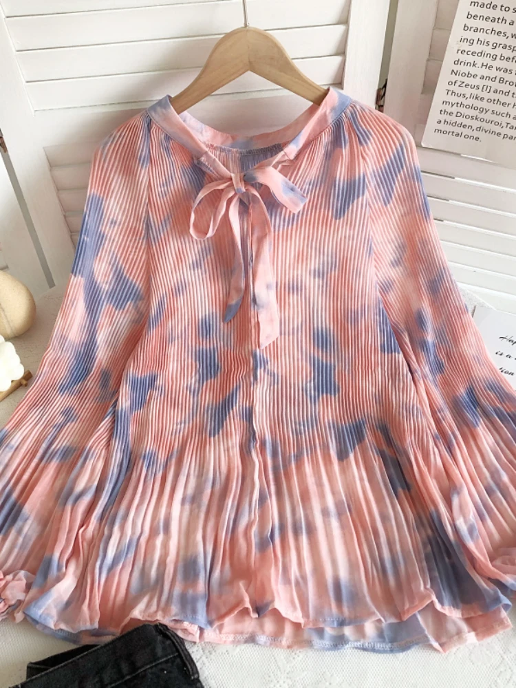 

New Women Printed Short Blouse Shirts Urban Ladies Chiffon Drawstring Neck Pullover Folds Blouses Feminine Regular Shirt