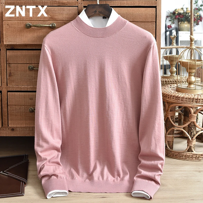 

ZNTX Autumn thin spun cashmere sweater men's semi high neck solid color high-end base sweater casual office classic style