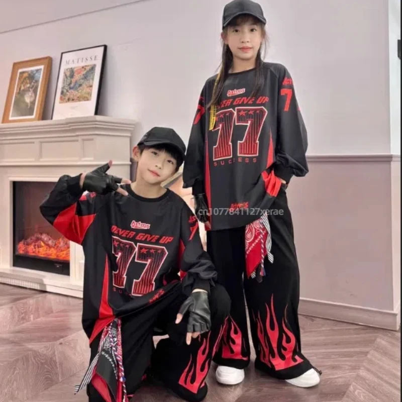 Traje de baile callejero para niños, conjunto 77 de llamas negras y rojas, trajes de espectáculo escénico para niños y niñas de marca de moda hip-hop