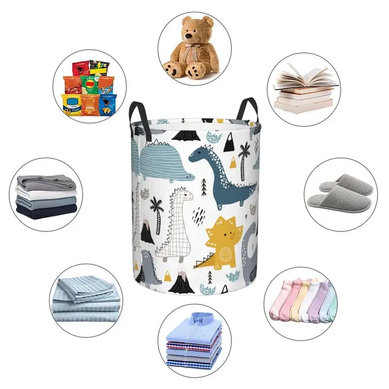 Cartoon Dinosaurs Round Laundry Basket Large Capacity Cloth Laundry Hamper Oxford Toys Storage Organizer for Home Dorm Decor