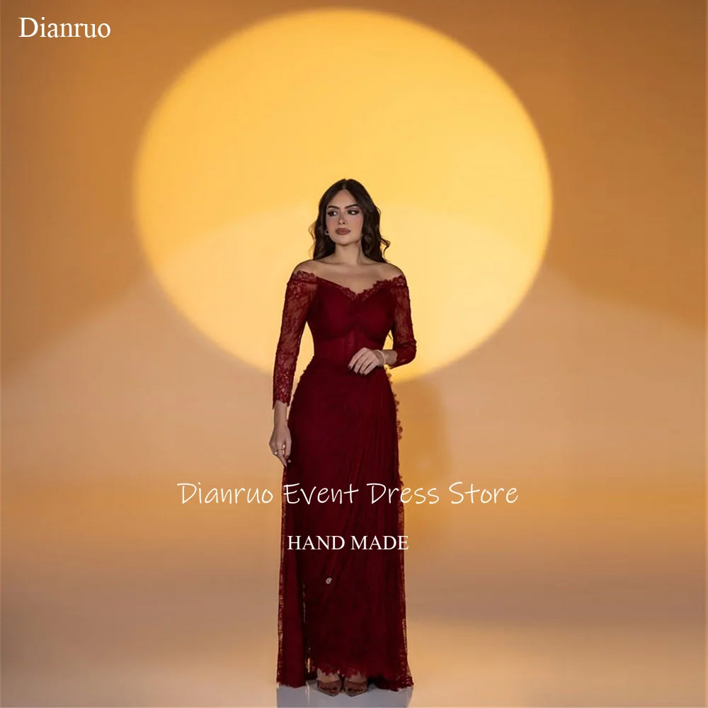 

Dianruo Burgundy V Neck Evening Dresses A Line Off Shoulder Vestido Festa Long Sleeves Saudi Arabric Formal Dresses Customized