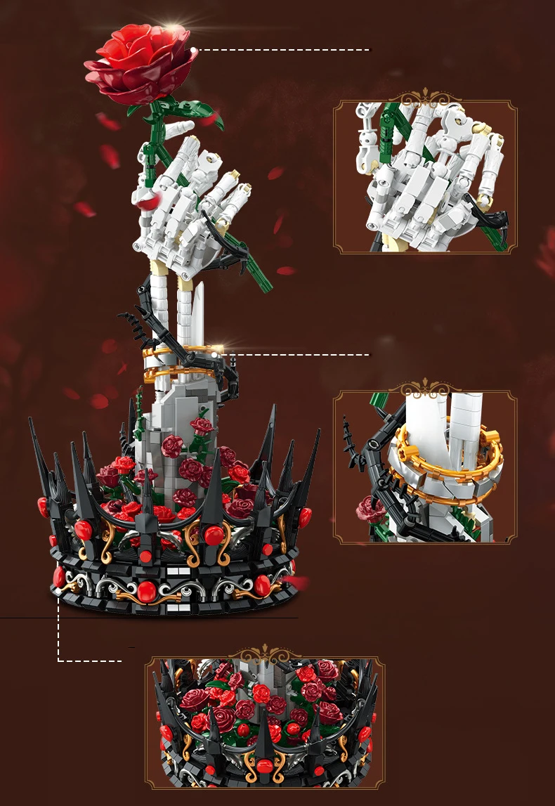 Idea Gothic Baustein Rote Rose Spielzeug Skelett Dunkle Blumenkrone Handgefertigter Baustein Schreibtischdekoration Sammlerstück für Geschenke – Detail 2