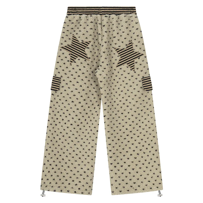 Vintage Heart Dot Lamb Wool Women's Wide-Leg Pants Winter Fleece Lined Thickened Cotton Casual Sports Home Sweatpants Unisex