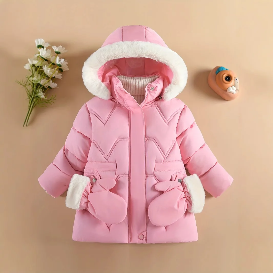 Girls Mid-Length Solid Color Padded Coat – Fleece Lined Winter Outerwear for Toddlers & Little Kids Winter Coat