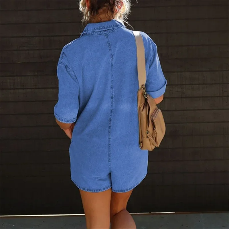 Women Bust Splice Pocket Jumpsuit Summer Lapel Neck Single-breasted Half-open Thin Denim Rompers Shorts Female Casual Streetwear