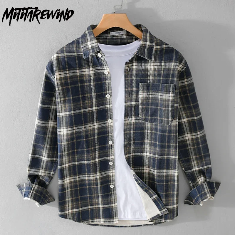 

Spring Fall New Mens Long Sleeve Shirt Japanese Retro Plaid Shirt Casual Cotton Tops Lapel Pocket Button Up Shirt Youth Clothing
