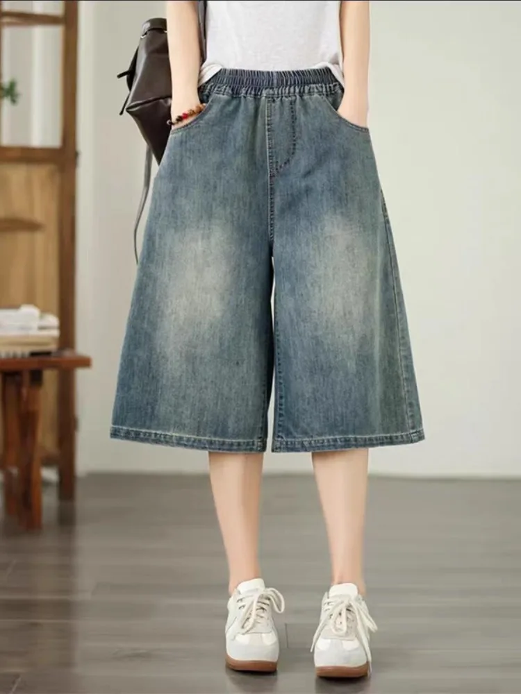

Retro Washed White Jeans Women's Summer Thin Elastic Waist Casual Wide Leg Seven-Foot Pants Cotton Polyester Blend Soft Fabric