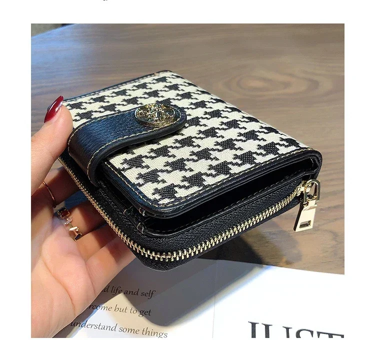 Women Canvas Genuine Cow Leather Short Wallet Card Holder Fashion Money Clip Coin Purse Money Clip Houndstooth Small Wallet 7Z