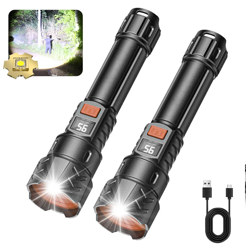 2 Pack High Strong Power Led Flashlights Tactical Torch with Display Light USB Charging Camping Fishing Emergency Zoom Lantern