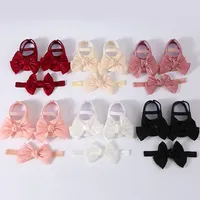 Spring Autumn New Baby First Walkers Mesh Yarn Solid Girls Princess Shoes Hairbands Set Anti Slip Bow Newborn Infant Gifts Shoes