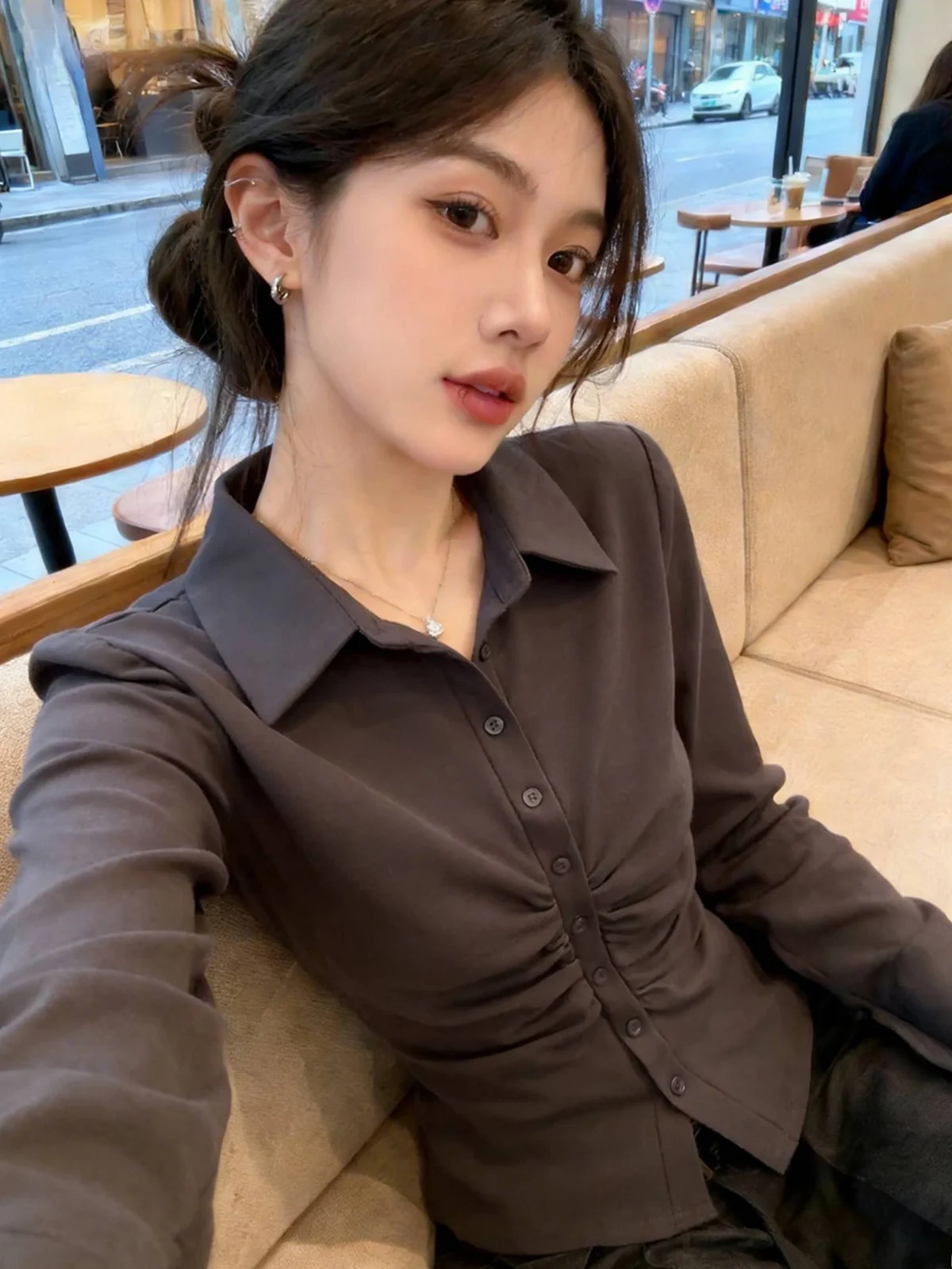 

Elegant Folded Shirt Women's Slim Fit Casual Style Long Sleeve Collar Button down Spring Summer New Arrival Inner Wear