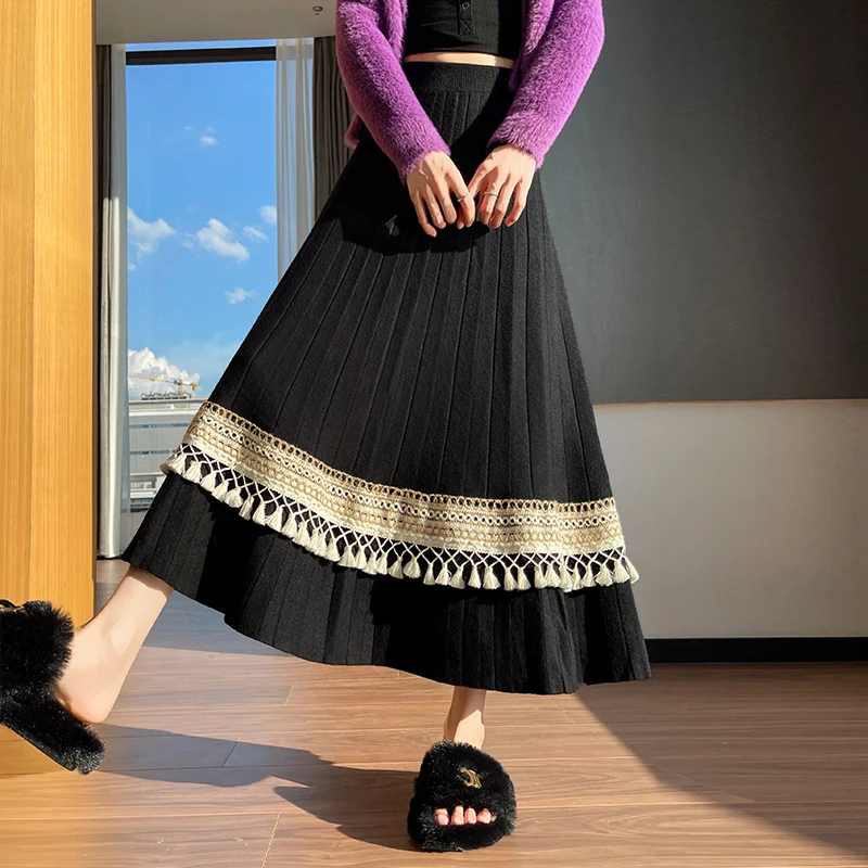 

Шерстяная юбка Bla n Yunnan с бахромой, вязаная, с высокой талией, А-силуэт, скрывающая бедра, с кружевной отделкой, длиной в пол