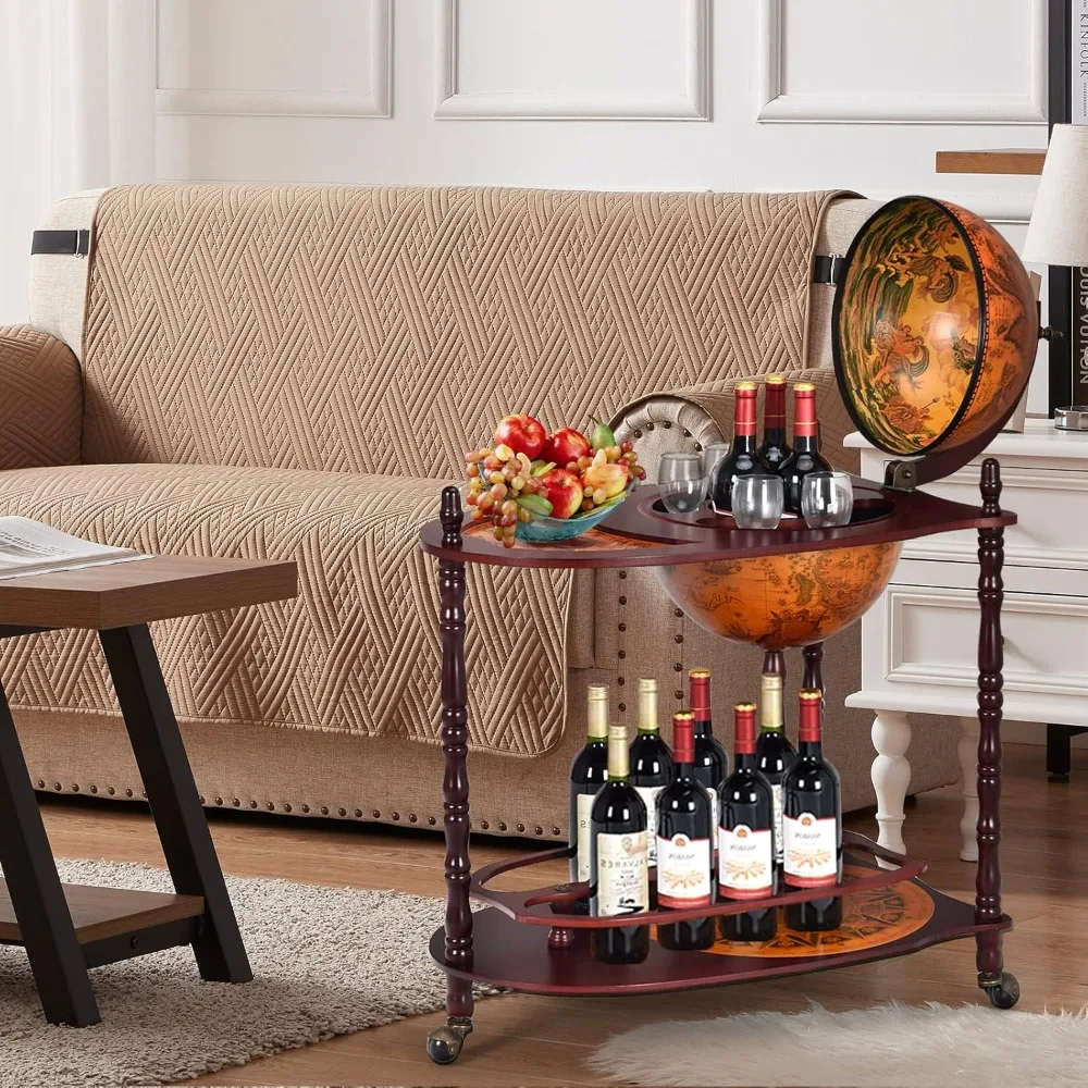

Globe Bar, Globe Bar Liquor Cabinet with Wheels, Bottom Shelf, Old World Map, 16th Century Italian Replica Bar Glob