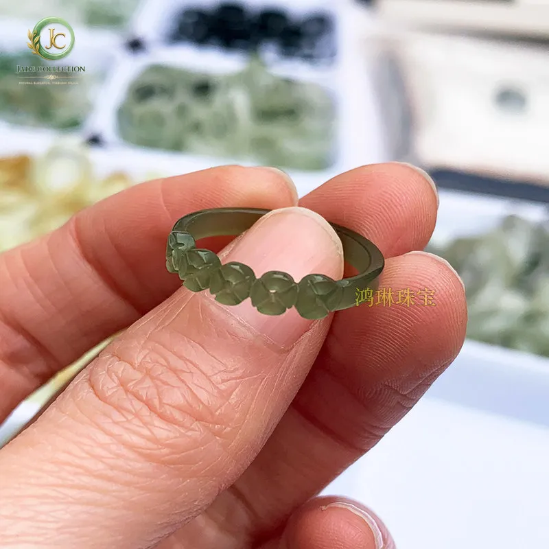 2025 New Hetian Jade Lake Water Green Ring Natural Jade Ring Women's Generation Counting Money Real Tail Ring