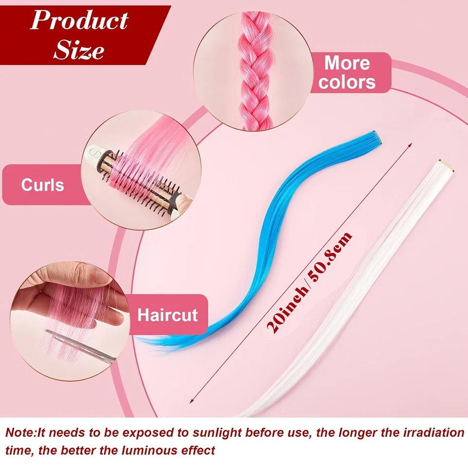 Extensiones de cabello sintético de 4 piezas con brillo fluorescente para mujer, con clip, suaves, fáciles de usar para fiestas 2