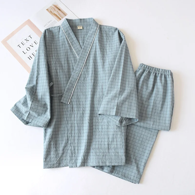 Japanese-style kimono, cotton gauze, spring and autumn men\'s plaid nightgown two-piece home service yukata lace-up pajama set