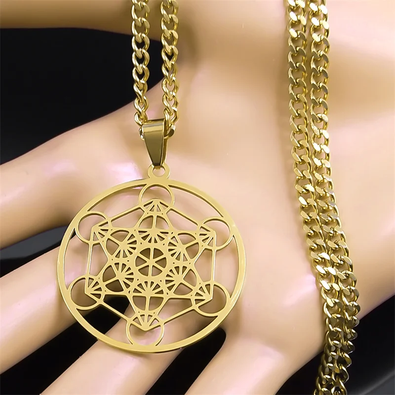 Heilige Geometrie Metatron-Würfel Halskette für Frauen Männer Edelstahl Goldfarben Kraftvolles Amulett Chakra Spiritueller Schmuck Geschenke – Detail 4