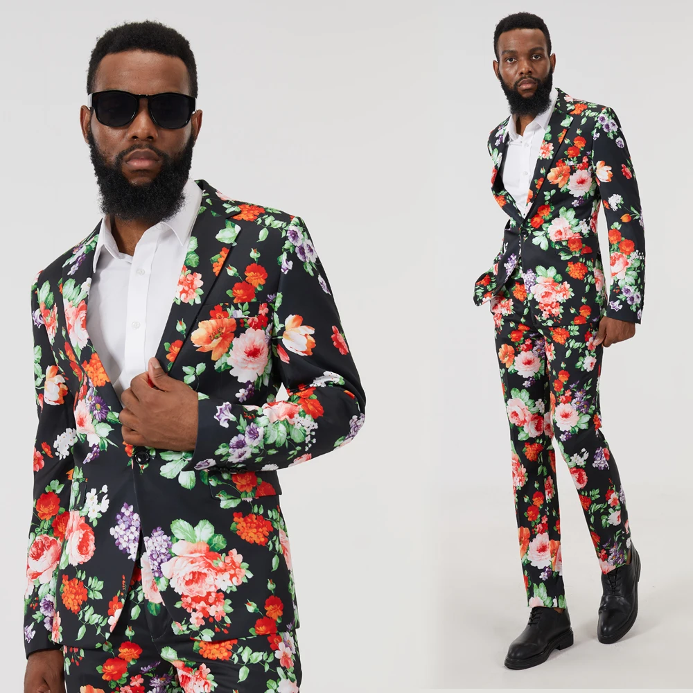 Men\'s Red Flower Printed Suit Blazer Design Plus Size Hip Hot Casual Male Slim Fit Jacket Singer Costume Performance Dress