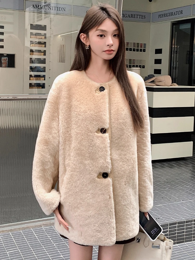 

High-end Luxury Merino Sheep Fur Winter Furry Jackets for Women 2026 Simple Classic O-neck Loose Genuine Leather Real Fur Coat