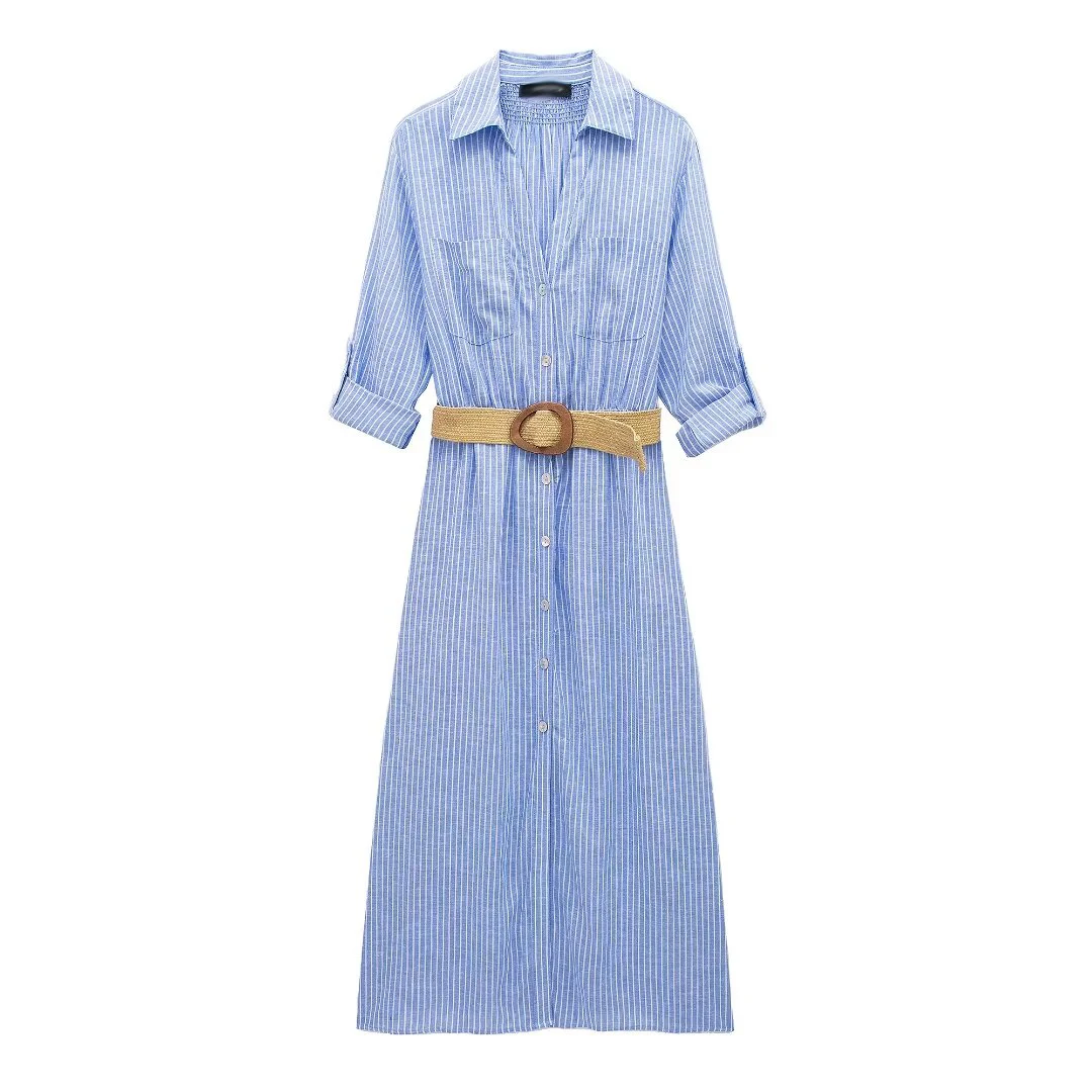 TRAF 2024 Striped Shirt Dress Women Belt Pleated Midi Dresses for Women Turn up Sleeve Beach Women Dress Summer Long Dress Woman