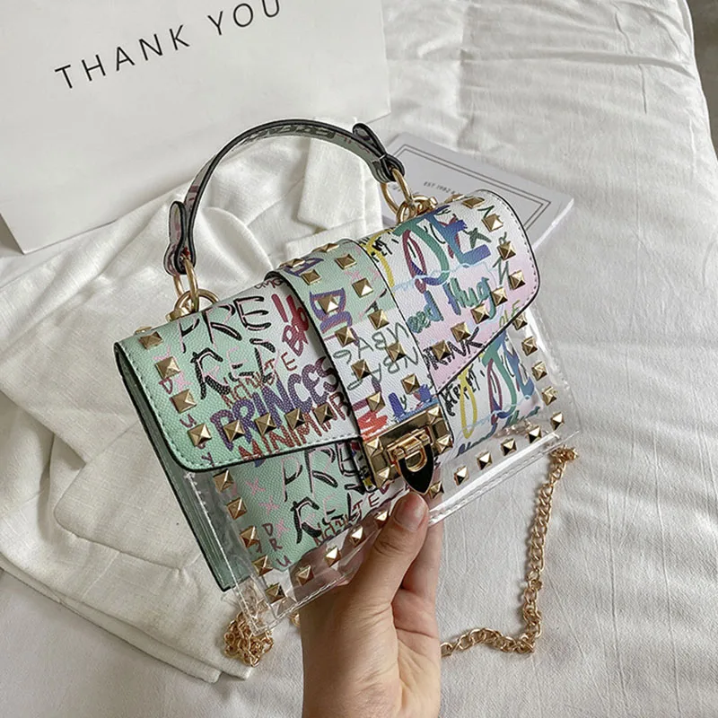 Graffiti Translucent Retro Rivet Women Cover Handbags Letter Shoulder Chain Flap Lady Purse Crossbody Bag