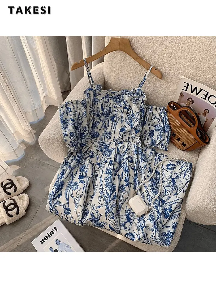 

Women's Vintage Floral Print Slash Neck Backless Sundress 2023 Summer Elegant Sleeveless High Waist Fairy Suspender Dress