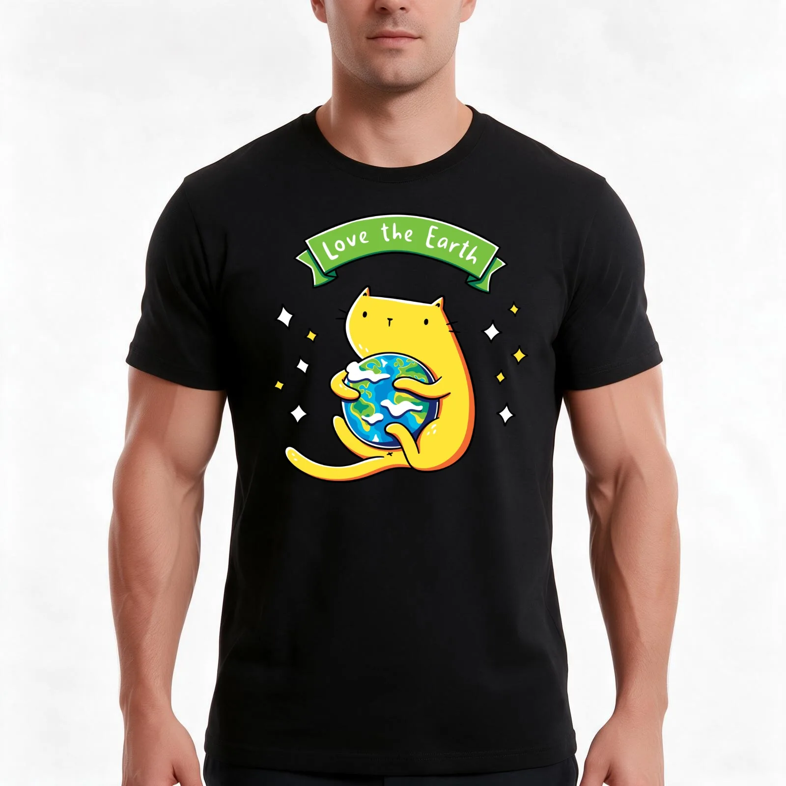 Love the Earth Cat T-Shirt, Summer Casual Cotton Tee, Oversized Streetwear Tops, Vintage Graphic Print, Loose Fit Short Sleeve